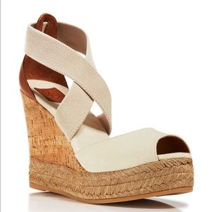 white Tory canvas peep toe wedge